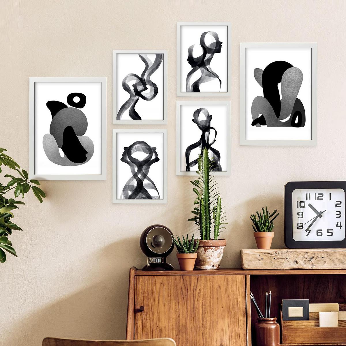POSTER Set Mit 6 Gebogener Körper In Liebhaber Abstrakt Ästhetische Dekorative Gemälde Für Ihr Wohnzimmer, Schlafzimmer, Zuhause A3 & A4 Weißer Rahmen - Weiß, Papier (29/3cm) - Nacnic
