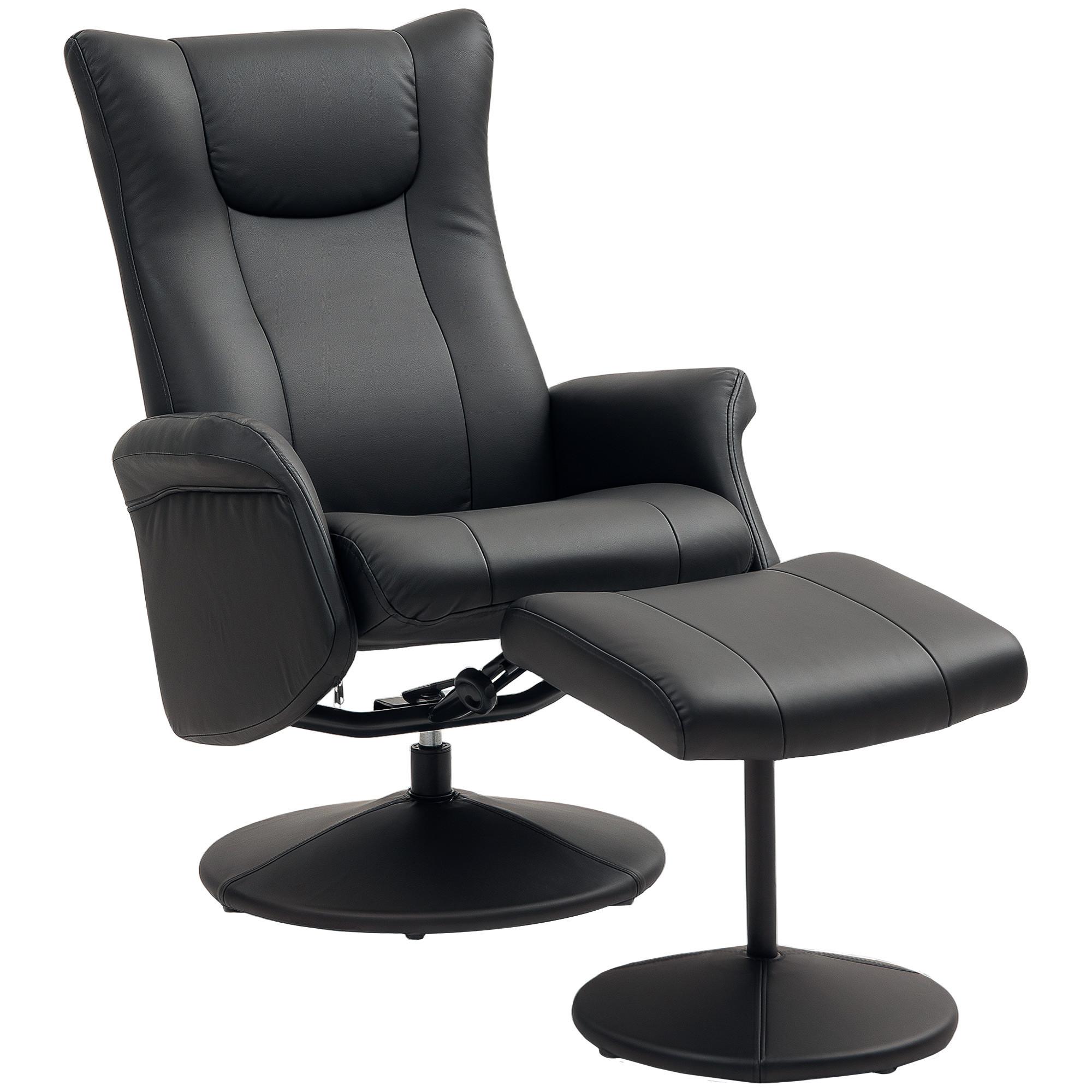 RELAXSESSEL mit Hocker 360°Drehbarer Fernsehsessel mit Liegefunktion Schwarz - Schwarz, Leder/Kunststoff (70/105/79cm) - HOMCOM