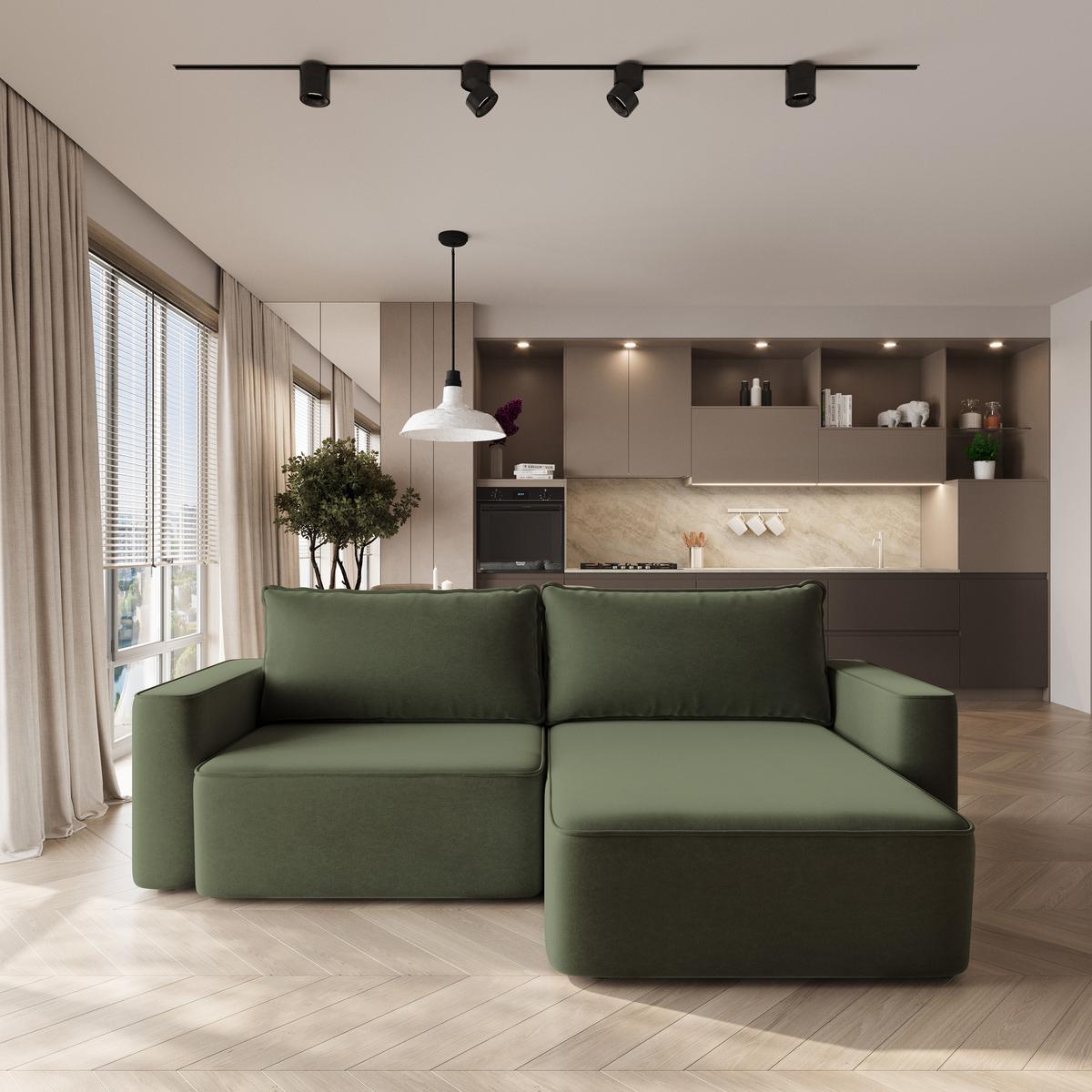 ECKSOFA BELISE CL Olivgrün Veloursstoff mit Schlaffunktion - Olivgrün, Holz/Textil (252/162cm) - MASSENO