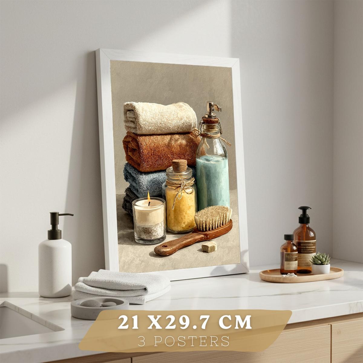 POSTER 3er-Set dekorative Badezimmerdrucke, gemütlicher Spa-Stil, Bilder mit Kerzen, Blumen und Handtüchern, entspannende, Wohndekoration Rahmenlos A4 - Klar, Papier (29.7/21/3cm) - Nacnic