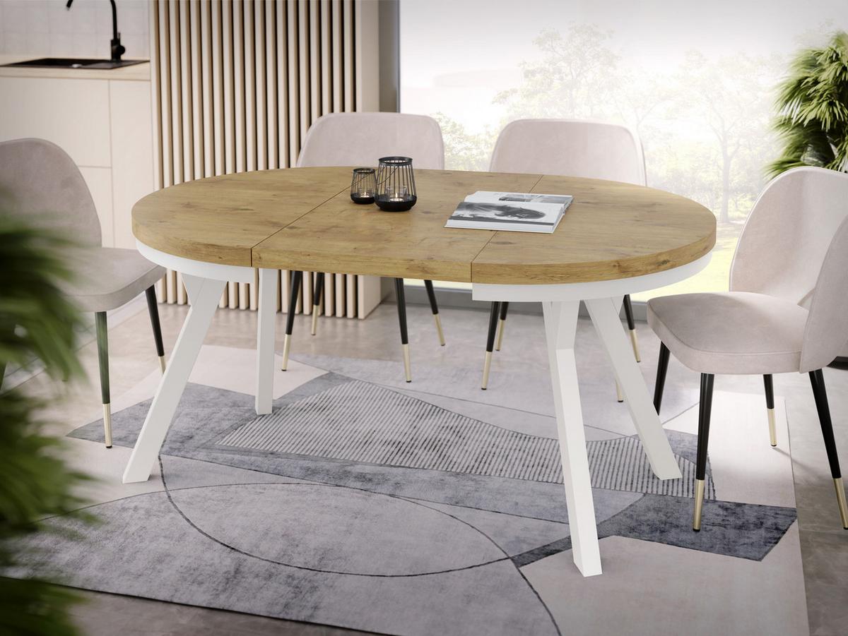 ESSTISCH Lume Weiß runder ausziehbarer, Lancelot Eiche 100-150/100/76 cm - Eichefarben/Weiß, Holz/Holzwerkstoff (100/150/76cm) - WFL GROUP