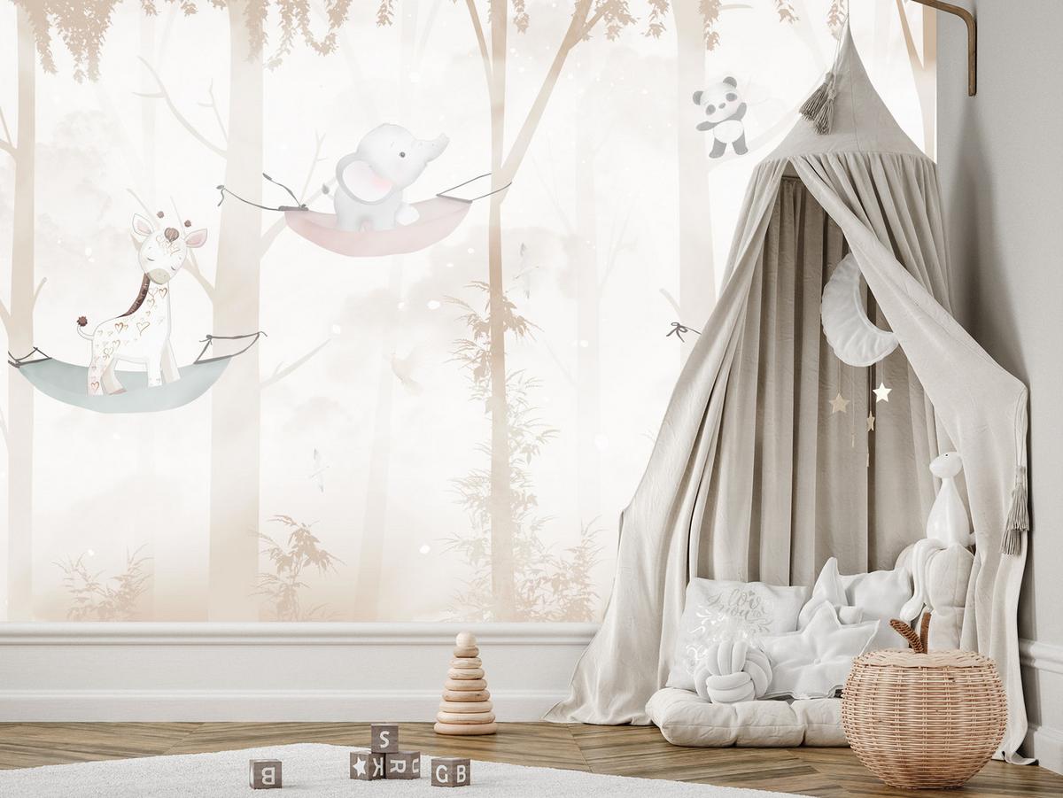 FOTOTAPETE für Kinderzimmer Tiere Hängematten WALD Elefant Giraffe 400x280 - Beige/Schwarz, Papier (400/280cm) - Muralo