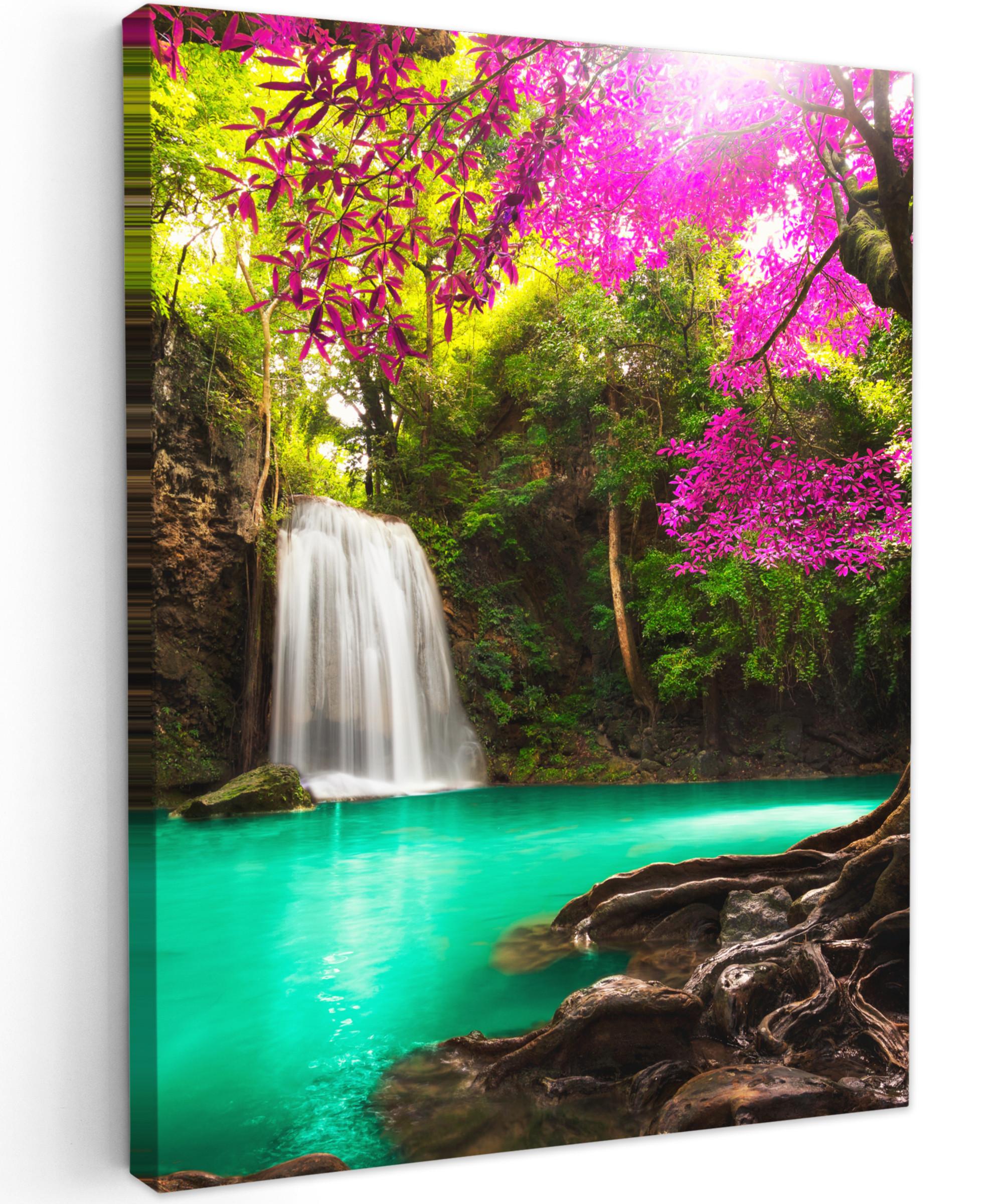 LEINWANDBILD Wasserfall mit bunten Blumen und Bäumen - Natur - Dschungel Room Decor 30x40 cm - Waldgrün, Textil (30/40cm) - MuchoWow