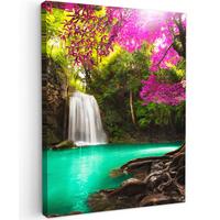 LEINWANDBILD Wasserfall mit bunten Blumen und Bäumen - Natur - Dschungel Room Decor 30x40 cm - Waldgrün, Textil (30/40cm) - MuchoWow