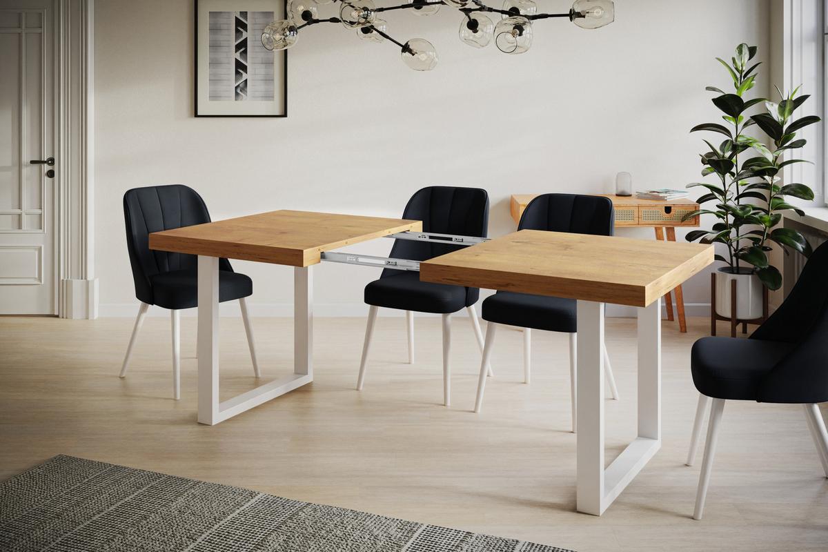 INDUSTRIELLER Esszimmertisch LOFT-U, ausziehbarer Tisch, Größe: 160-260X90X77 cm, Wohnzimmertisch Farbe: LANCELOT, mit Metallbeinen in Farbe Weiß - Beige/Weiß, Holzwerkstoff (160/90/77cm) - Alpi-Möbel