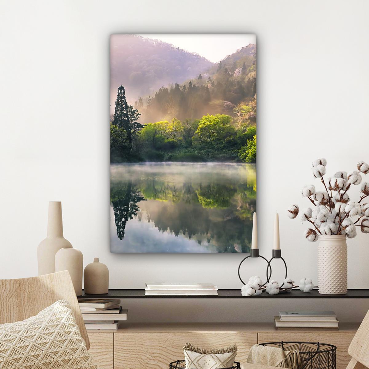 LEINWANDBILD Natur - Bäume - Berge - See - Wasser Wanddeko 40x60 cm - Hellgrün, Textil (40/60cm) - MuchoWow