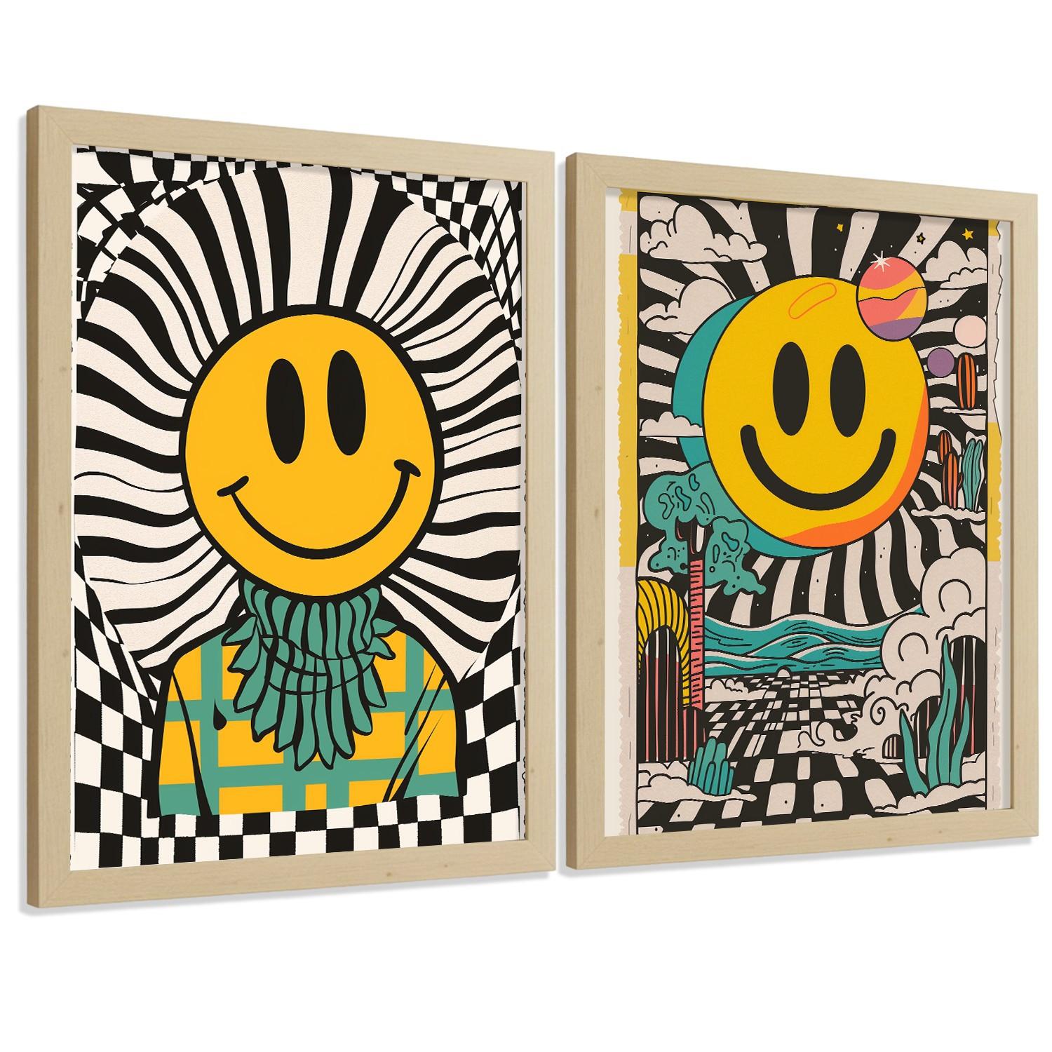POSTER 4er Kunstdruck-Set Wandbilder Smiley Emoji modern Wohnzimmer Deko, Schlafzimmer, Küche, Badezimmer Leichter Holzrahmen A3 - Beige, Papier (29.7/1/42cm) - Nacnic