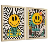 POSTER 4er Kunstdruck-Set Wandbilder Smiley Emoji modern Wohnzimmer Deko, Schlafzimmer, Küche, Badezimmer Leichter Holzrahmen A3 - Beige, Papier (29.7/1/42cm) - Nacnic
