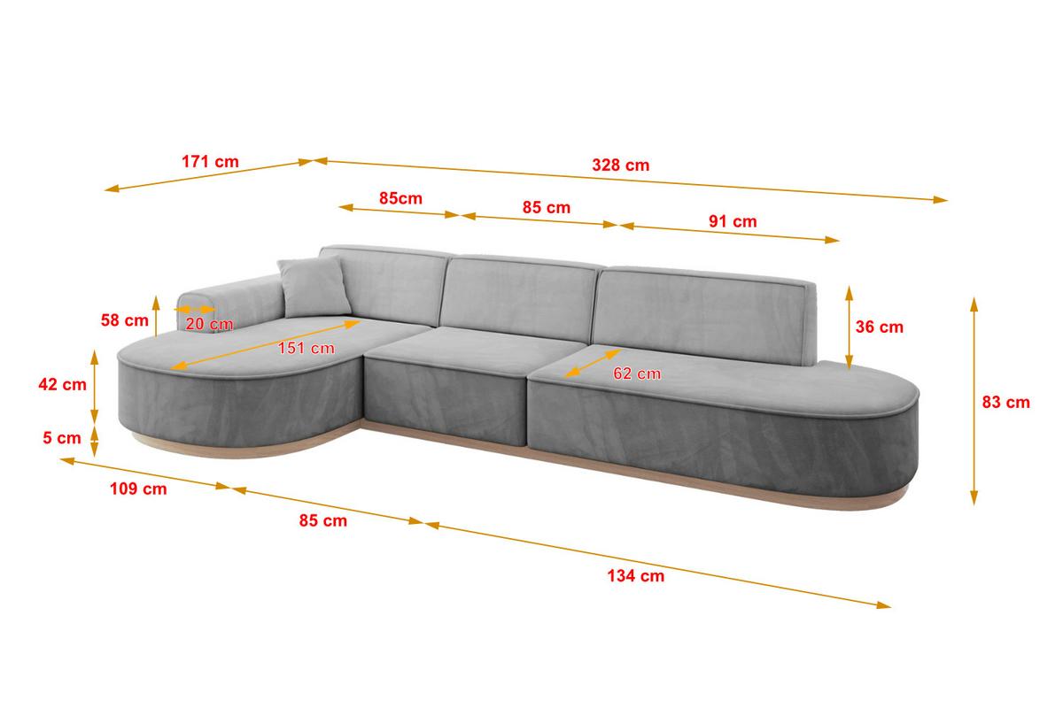 ECKSOFA Ottomane Links MARI-L2-v1 - 328x171x83 cm Grau Velours - Grau, Holzwerkstoff/Textil (328/171cm) - ALTDECOR