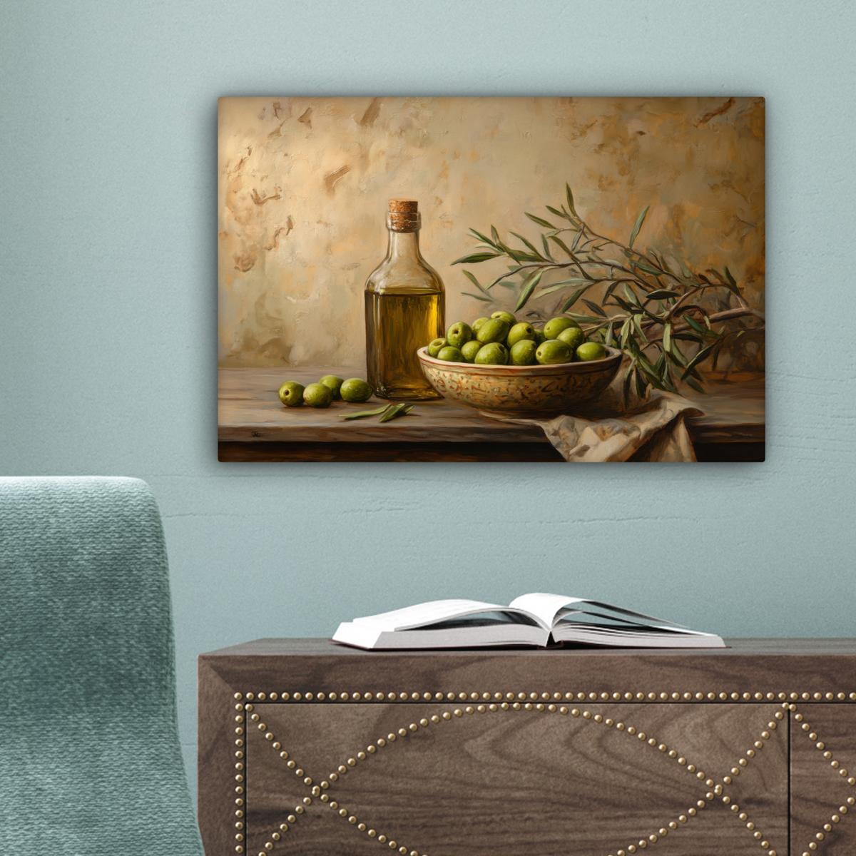 LEINWANDBILD Oliven - Stilleben - Vintage Deko Schlafzimmer 30x20 cm - Olivgrün, Textil (30/20cm) - MuchoWow