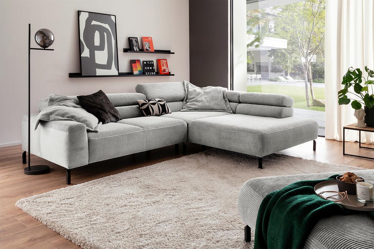 ECKSOFA DELIA Hellgrau Cord - Hellgrau/Schwarz, Textil/Metall (276/219cm) - KAWOLA