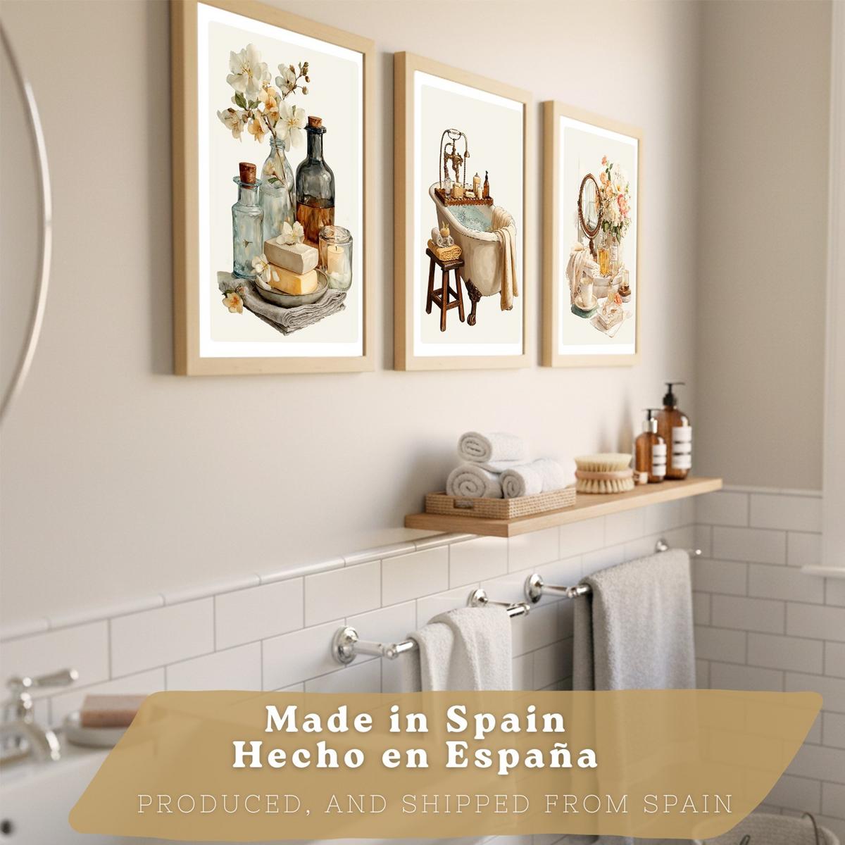 POSTER 3er-Set dekorative Badezimmer-Wandbilder und, eleganter Vintage-Stil für Waschbecken, Dusche, WC mit Badewanne, Blumen und Spiegel Rahmenlos A4 - Klar, Papier (29.7/21/3cm) - Nacnic