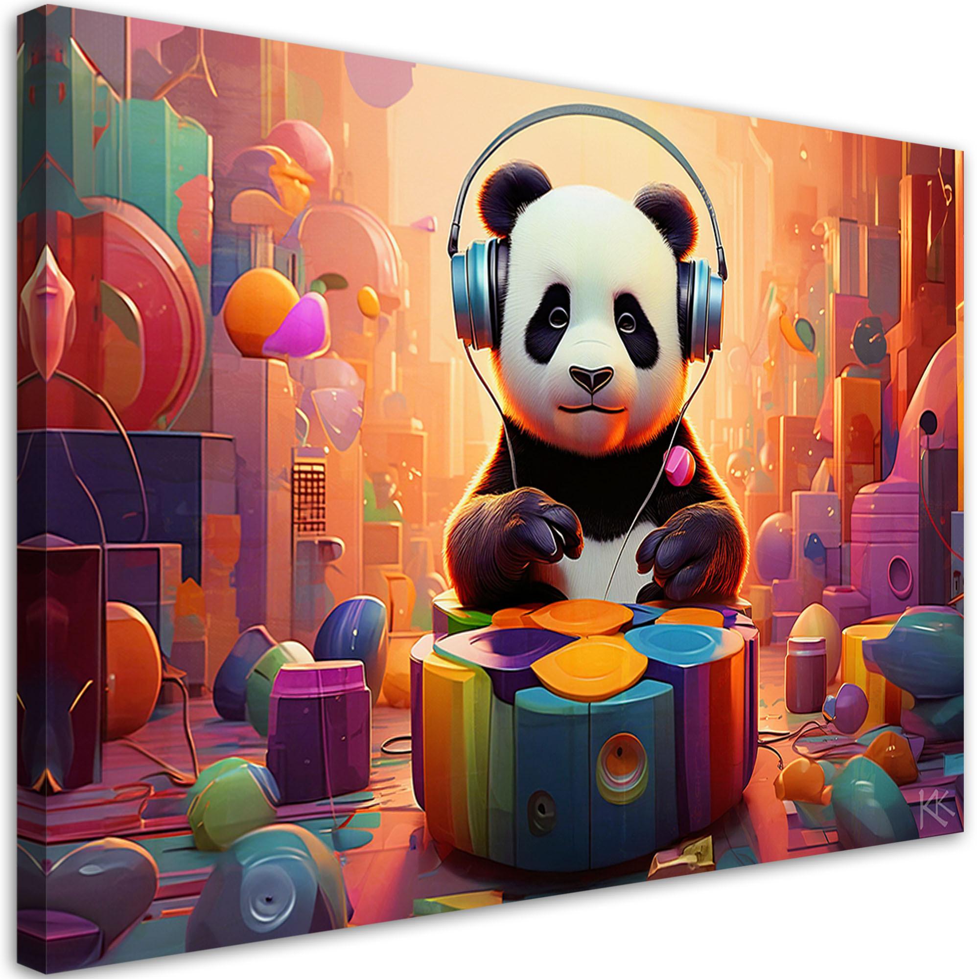 LEINWANDBILD Panda mit Kopfhörern 60x40cm - Multicolor, Textil (60/40cm) - Feeby