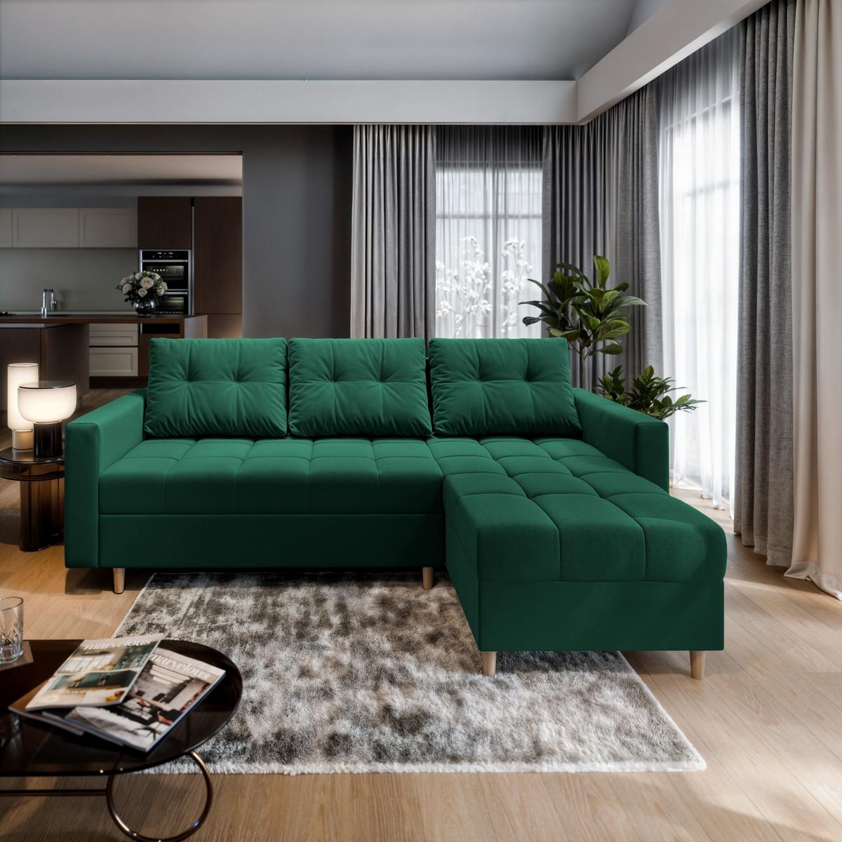 ECKSOFA MILO L Grün Plüsch-Stoff mit Schlaffunktion - Braun/Grün, Holz/Textil (220/140cm) - MASSENO