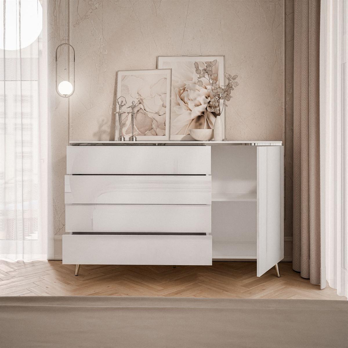 KOMMODE AURORA SILVER 4S1D mit Schubladen – mit schrägen verchromten Beinen - Weiß Hochglanz/Silberfarben, Holzwerkstoff/Metall (140/90/40cm) - Lookway