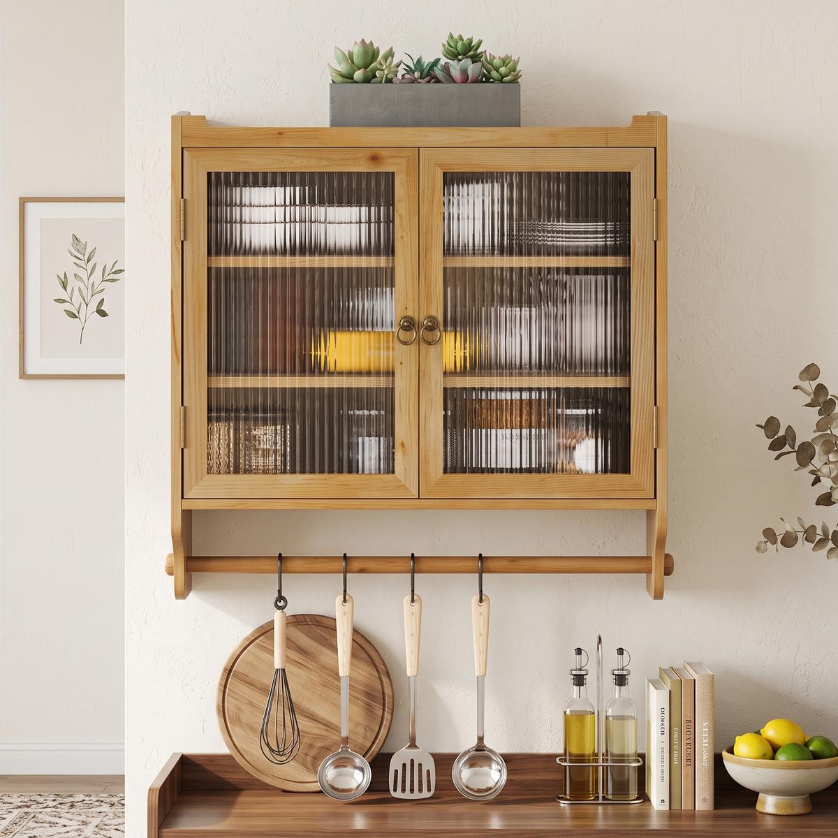 WANDSCHRANK Vintage Naturholz mit Glastüren, 3 Ebenen & Handtuchhalter 63cm - Naturfarben, Holzwerkstoff (63/60/18cm) - Urban Meuble