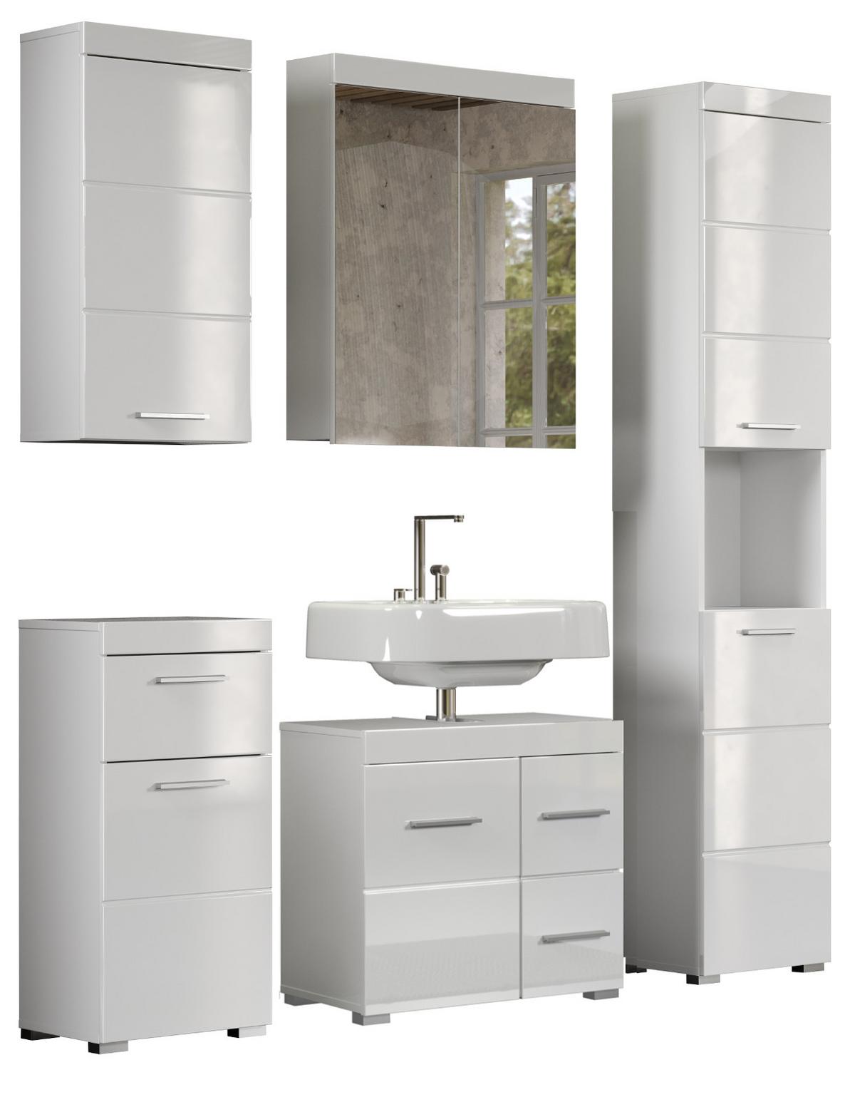 BADMÖBEL-SET weiß Hochglanz 5-teilig 163 x 190 cm, Badezimmer-Schränke mit viel Stauraum - Weiß Hochglanz/Alufarben, Glas/Holzwerkstoff (163/190/34cm) - Top.Furn