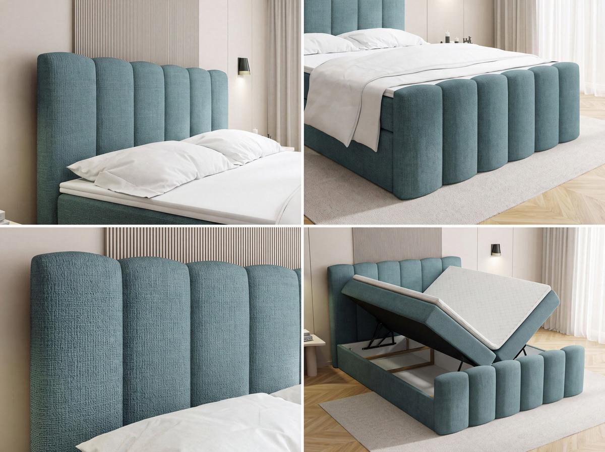BOXBETT Serenity mit Bettkasten, Weiß Chenille 120x200 cm – inkl. H4 Taschenfederkern Matratze & Foam Topper - Schwarz/Weiß, Holz/Holzwerkstoff (120/200cm) - WFL GROUP