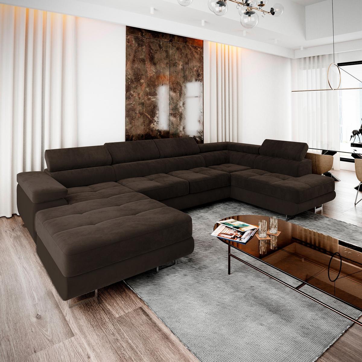 WOHNLANDSCHAFT CASONE R-S Braun Velours-Stoff mit Schlaffunktion - Silberfarben/Braun, Holz/Textil (345/90/202cm) - MASSENO