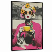 LEINWAND Bilder mit Rahmen - Frau - Katze - Blumen - Tasse - Retro - 90x140 - Magenta, Textil (90/140cm) - MuchoWow