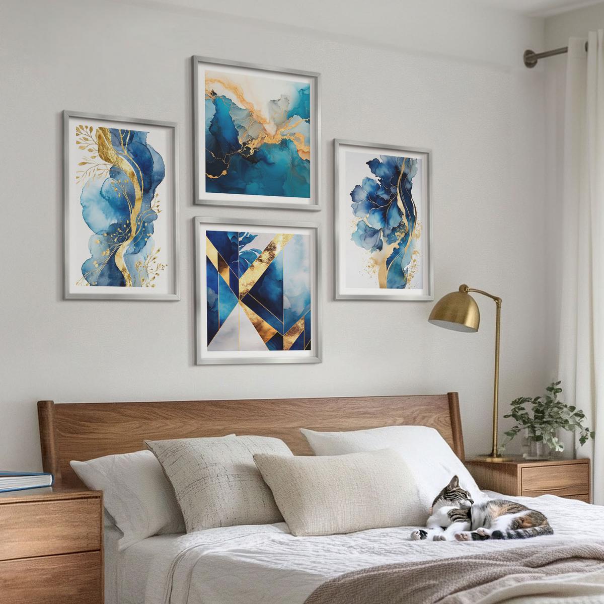 BILDER SET 4er Set - 50x50 cm & 40x60 cm Silberner Rahmen - Blaue abstrakte Muster - Silberfarben, Kunststoff (50/50cm) - TULUP