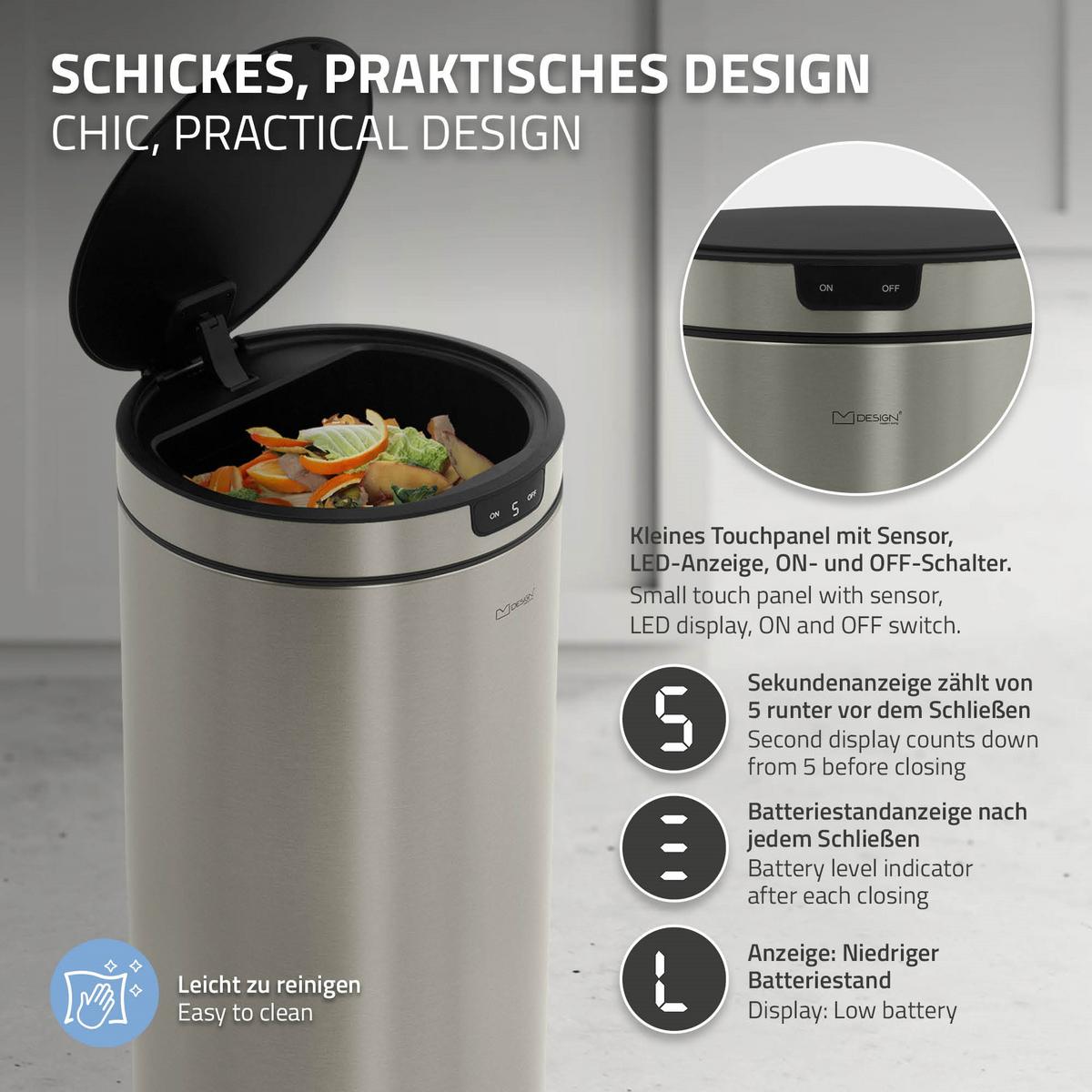 MÜLLEIMER mit Sensor 40L rund aus Edelstahl Silber - Silberfarben, Metall (29/68/29cm) - ML-DESIGN