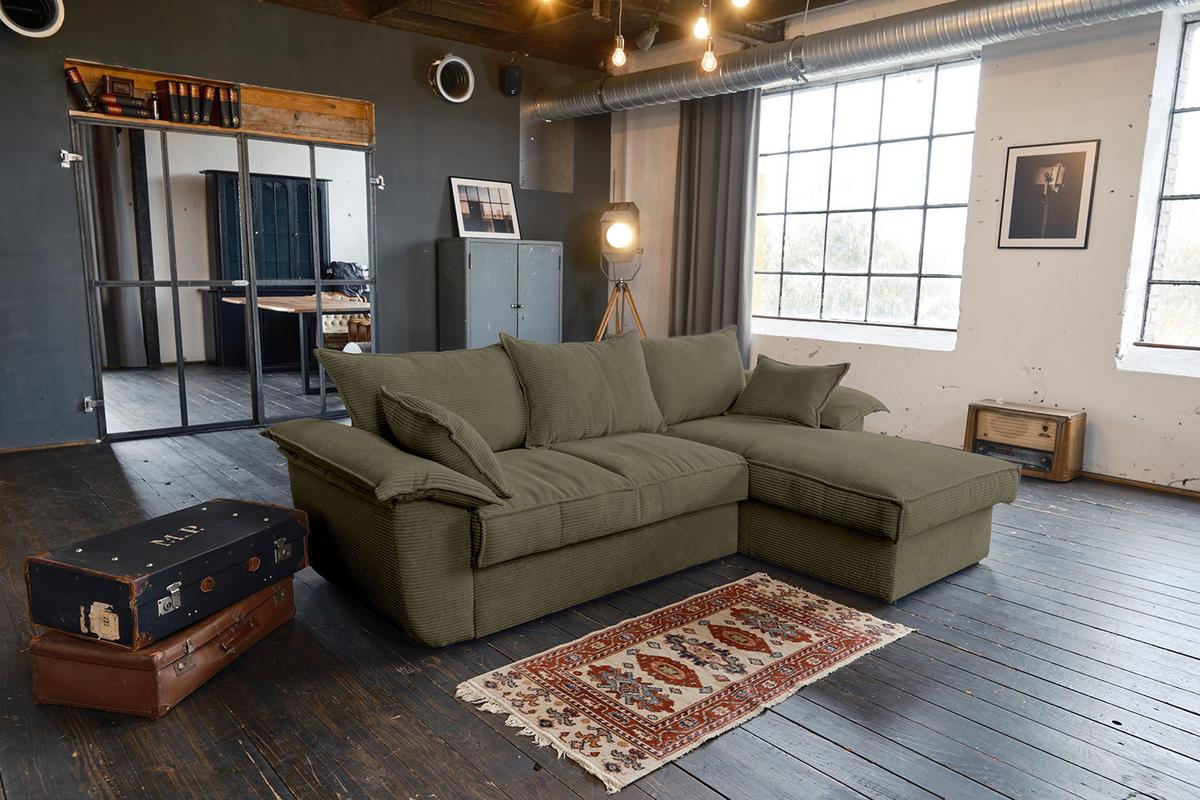 ECKSOFA DAMETO Grün Cord Mit Schlaffunktion - Schwarz/Olivgrün, Kunststoff/Textil (266/174cm) - KAWOLA