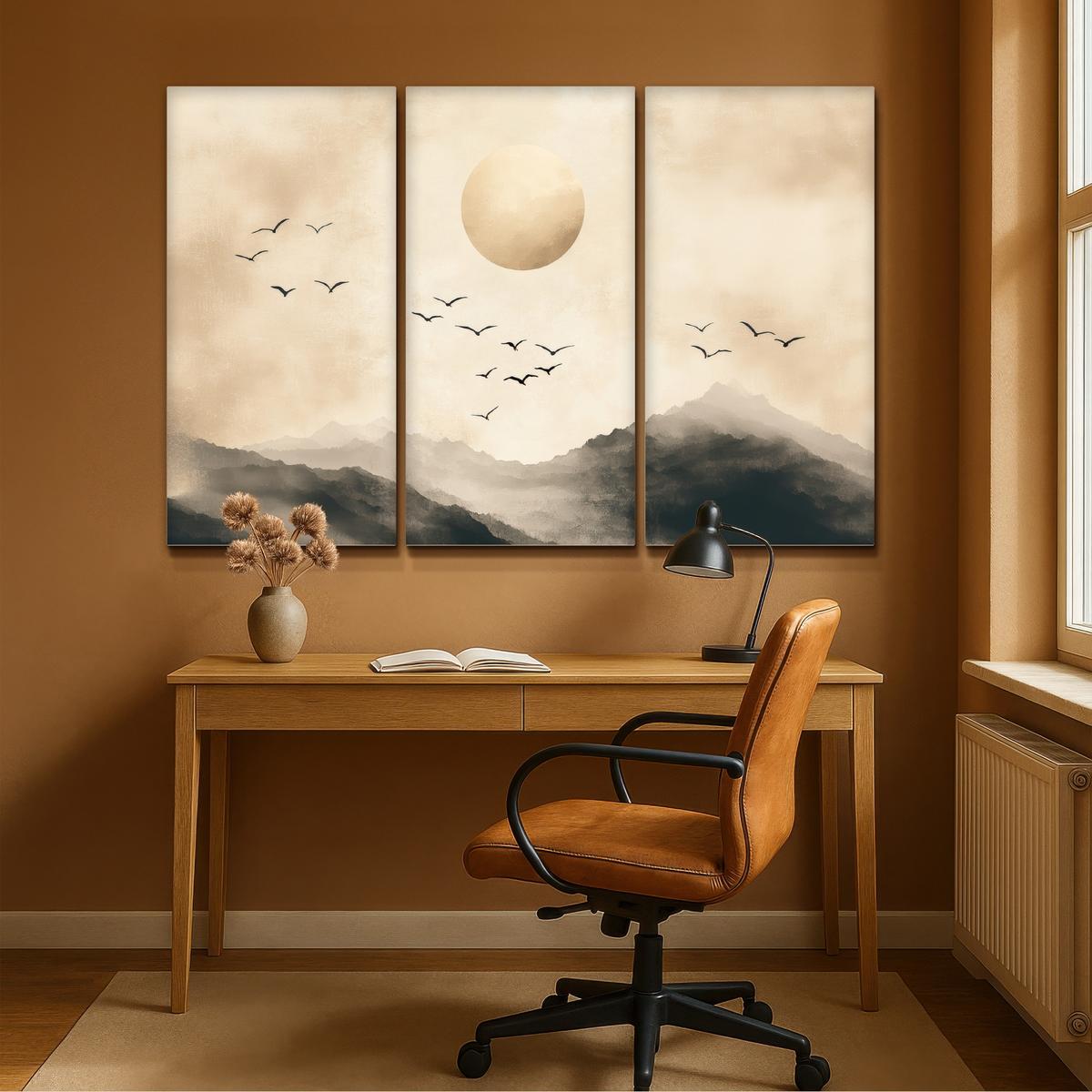 LEINWANDBILD 3er Set Landschaft - Japandi - Beige - Vögel 180x120 cm - Beige, Textil (180/120cm) - MuchoWow