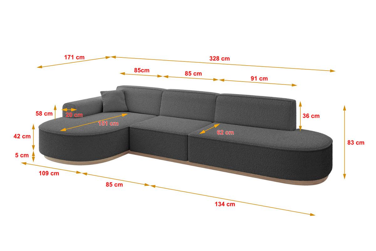ECKSOFA Ottomane Links MARI-L2-v1 - 328x171x83 cm Grau Bouclé - Grau, Holzwerkstoff/Textil (328/171cm) - ALTDECOR