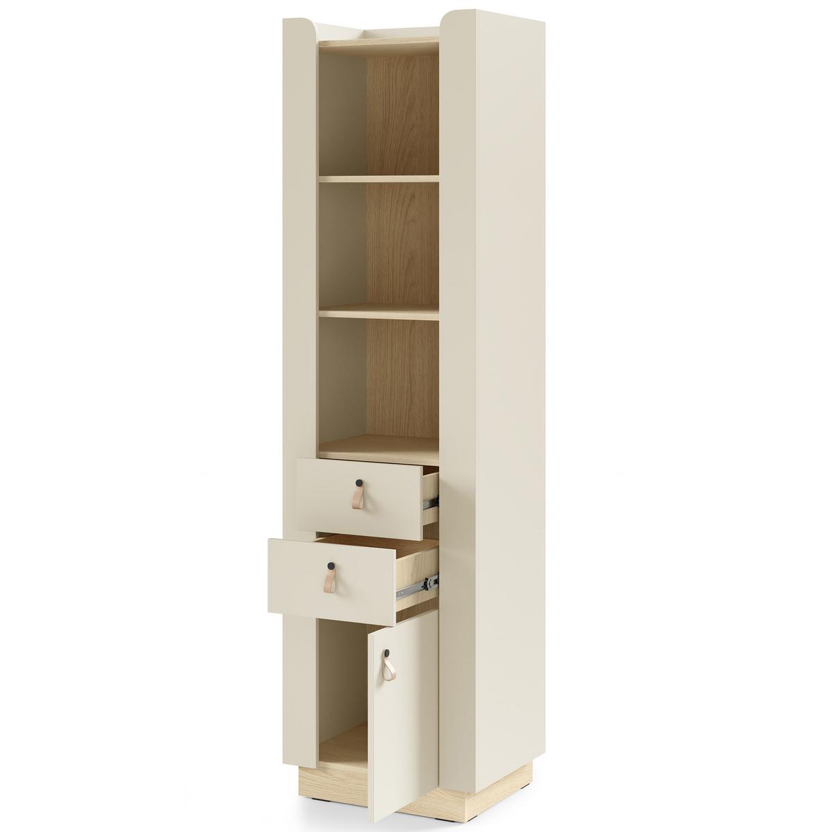 BÜCHERREGAL Sorella mit 1 Tür, 2 Schubladen und offenen Regalböden, Macadamia + Eiche Mavelie - Eichefarben/Beige, Leder/Holzwerkstoff (55/201/52cm) - Beautysofa