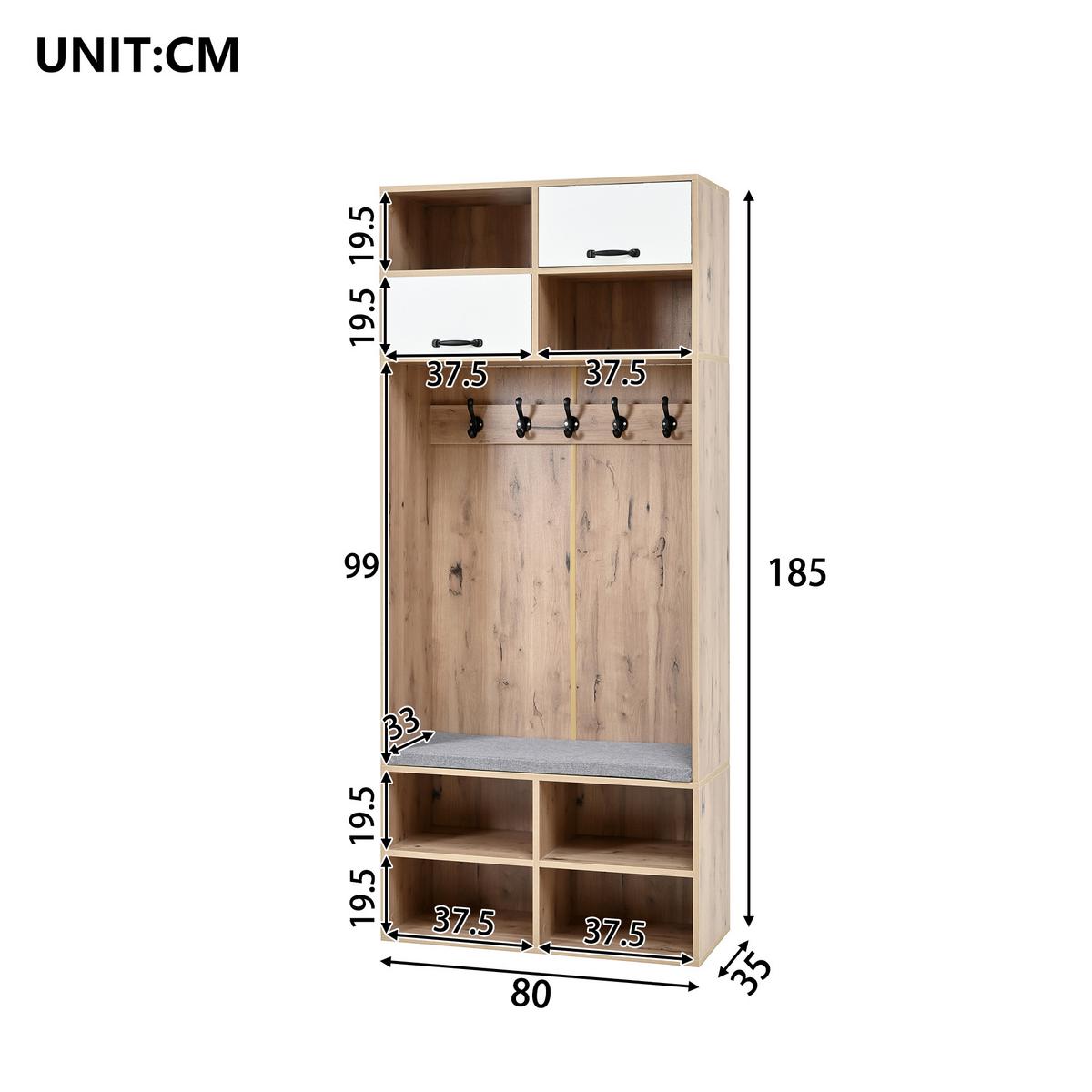 GARDEROBE holzwerkstoff LED inkl. sitzbank, led-beleuchtung - Naturfarben, Holzwerkstoff (80/185/35cm) - Urban Meuble