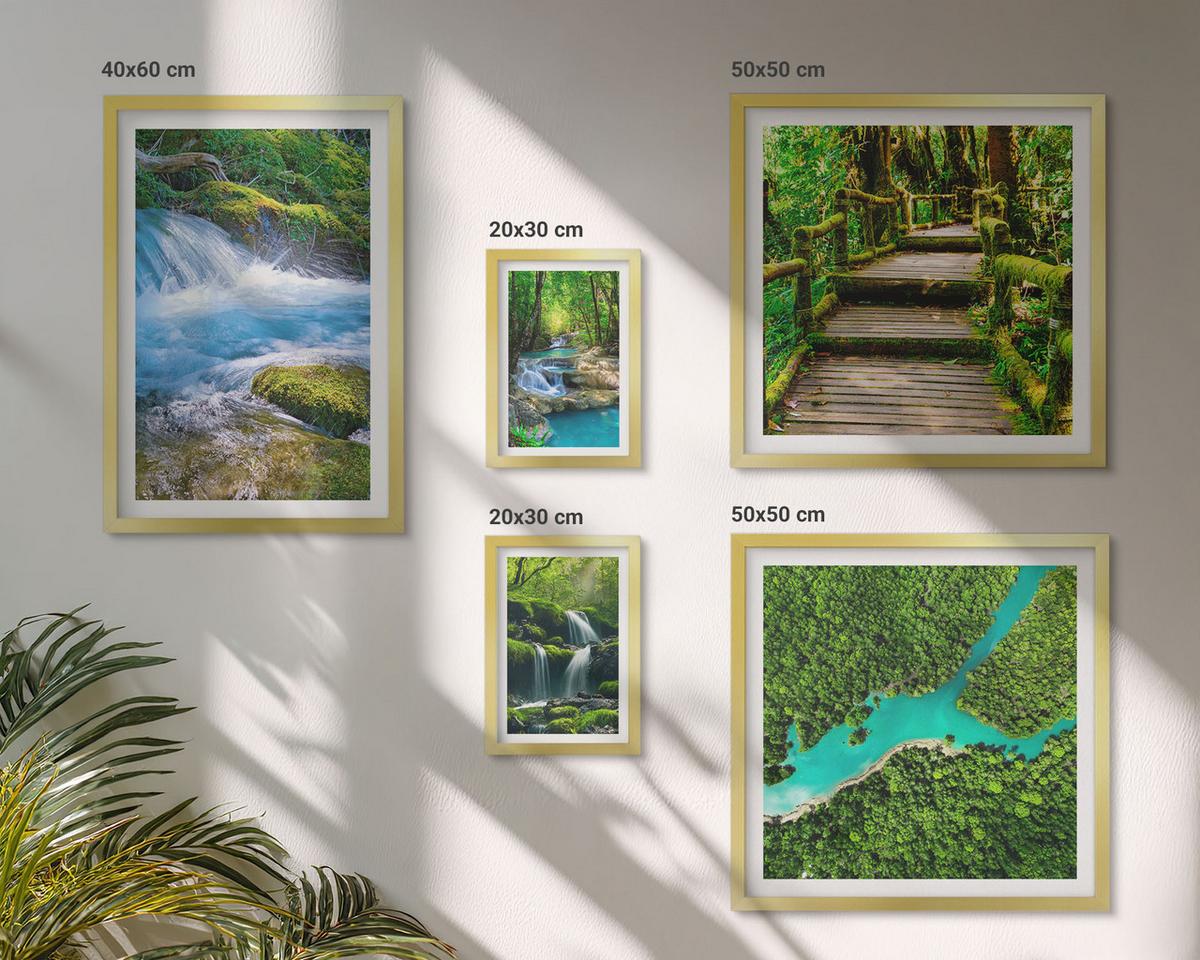 BILDER SET 5er Set - 50x50 cm & 20x30 cm & 40x60 cm Goldrahmen - Grüne Berge, Flussfelsen - Goldfarben, Kunststoff (40/60cm) - TULUP