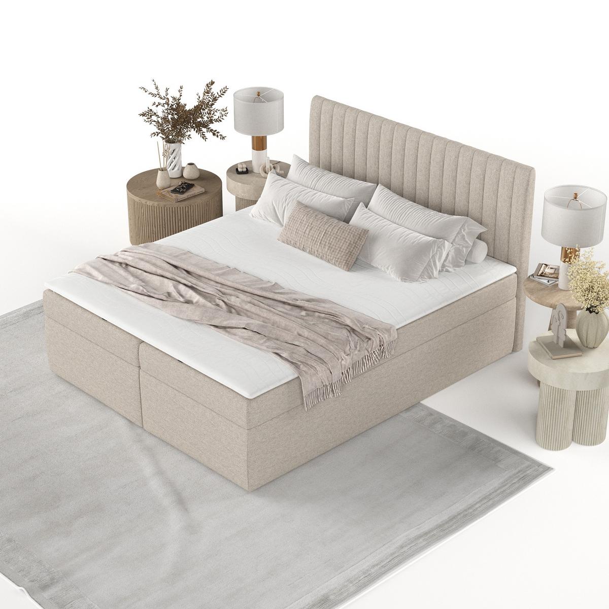 BOXBETT Maldon 140/200 cm Hellbeige im Megan Stoff - Sandfarben/Schwarz, Holz/Holzwerkstoff (140/200cm) - AltaBeds