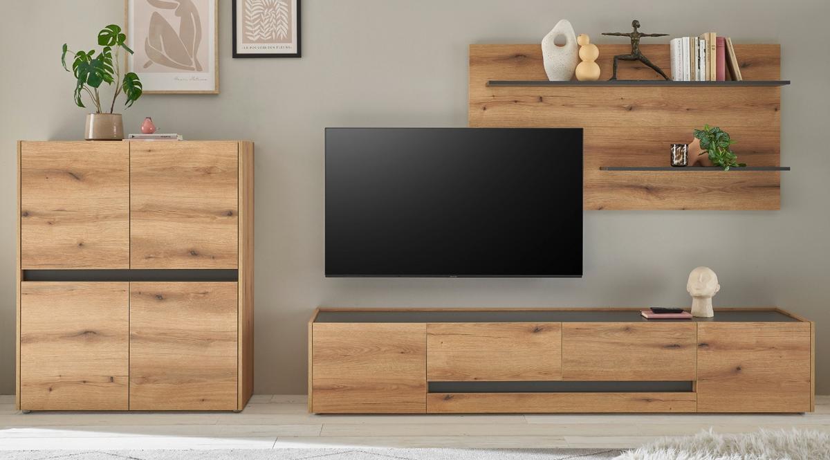 WOHNWAND Evoke Eiche, grau inklusive Beleuchtung, Wohnkombination Set 3-teilig, 343 cm - Eichefarben/Schwarz, Holzwerkstoff/Kunststoff (360/180/45cm) - Furn.Design