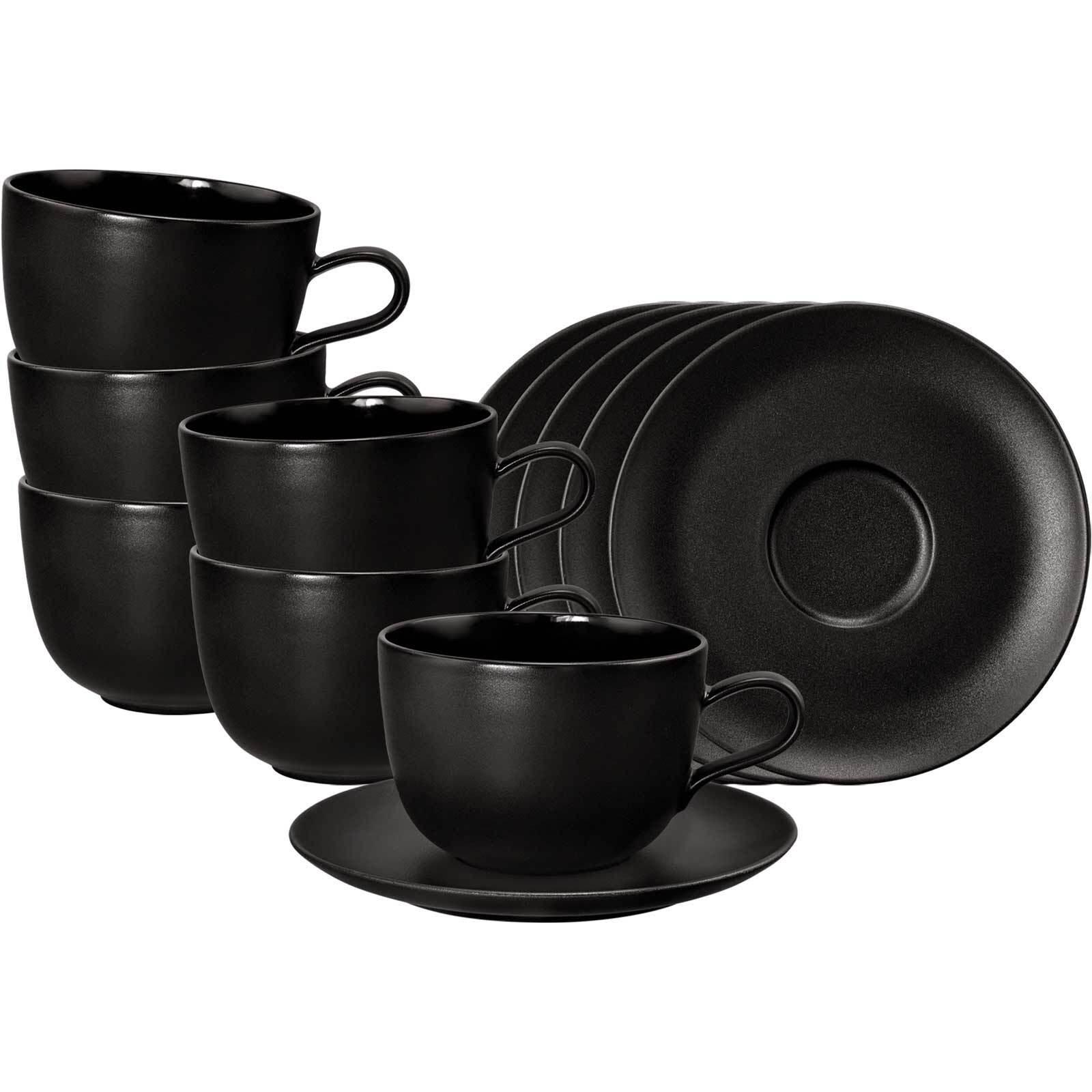 MILCHKAFFEETASSEN MIT UNTERTASSEN Liberty Velvet Black schwarz 400 ml 6er Set - Schwarz, Keramik (16.1/9.1/16.1cm) - Seltmann Weiden