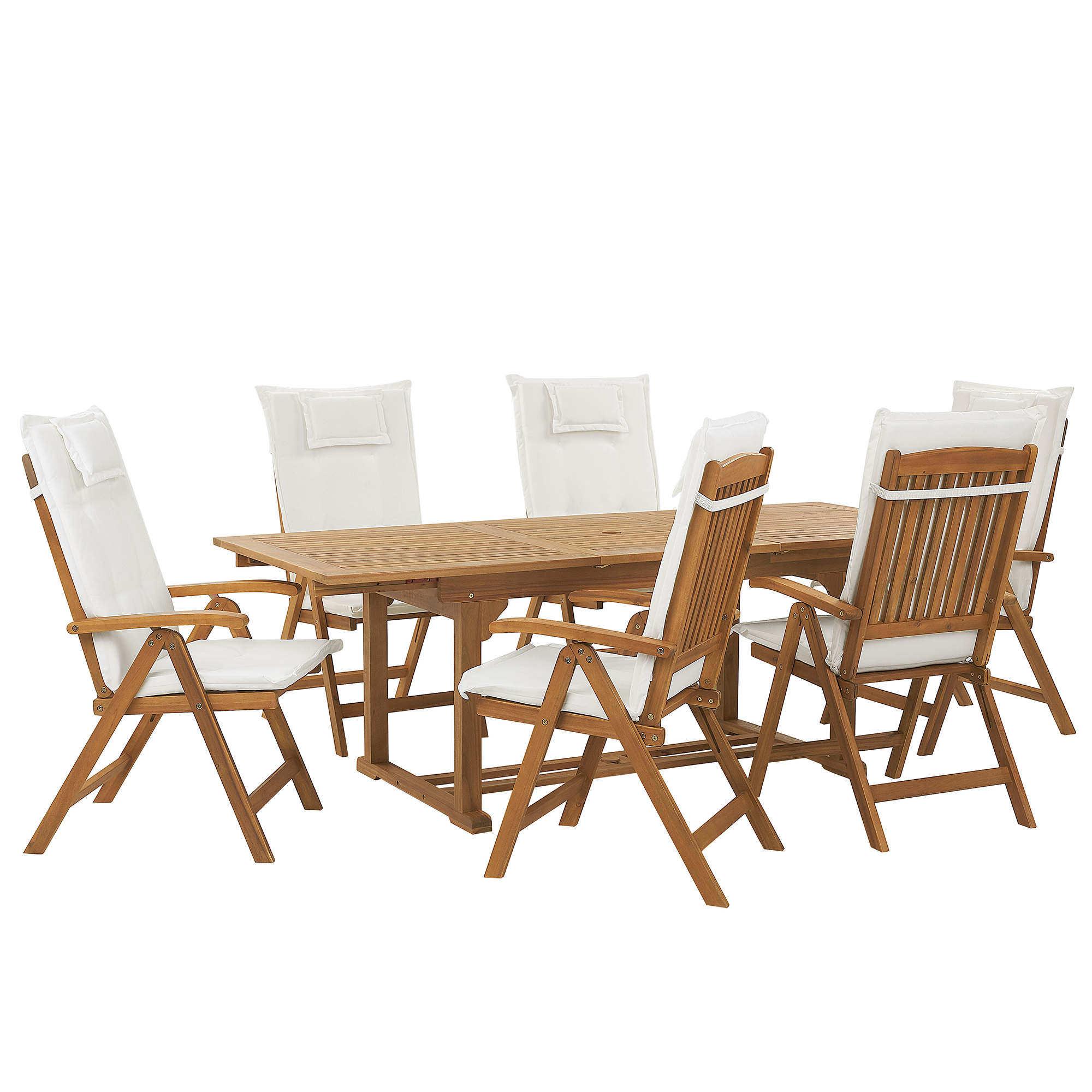 GARTENMÖBEL-SET 6-Sitzer Akazienholz Auflagen cremeweiß Java - Hellbraun/Weiß, Holz - Beliani