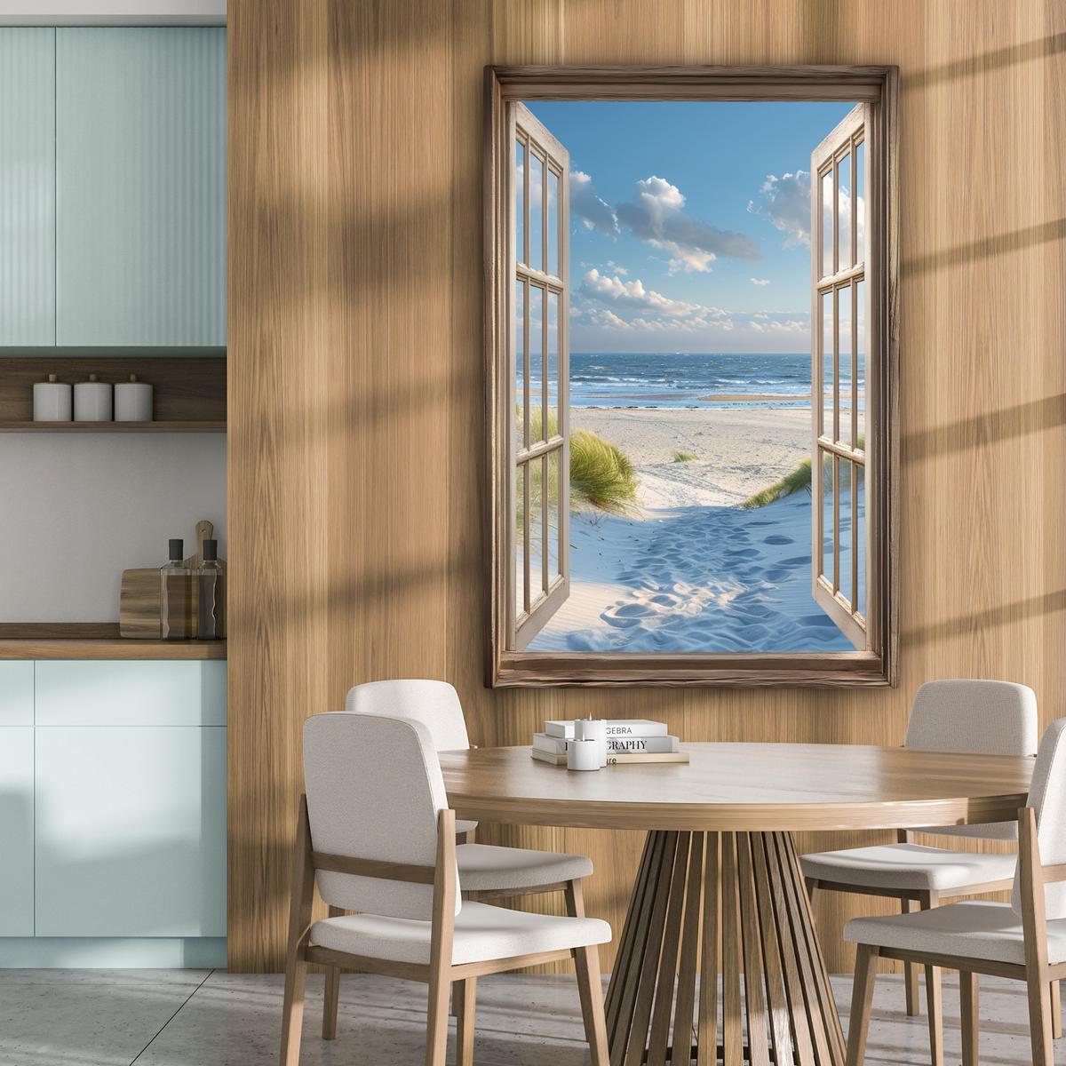 LEINWANDBILD Aussicht - Strand - Fenster - Dünen - Meer Deko XXL 80x120 cm - Hellblau, Textil (80/120cm) - MuchoWow