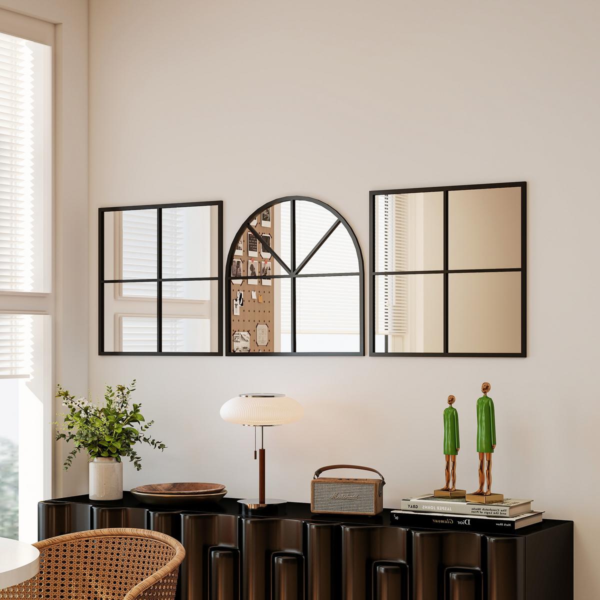 WANDSPIEGEL dreiteilig, bogenförmiger Spiegel mit Metallrahmen Hängespiegel - Schwarz, Glas (2/180/60cm) - HOMCOM