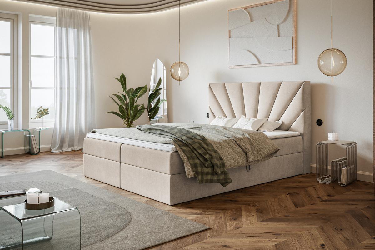 BOXBETT DENVER mit 2 Bettkästen, 160x200, Farbe: Beige, Velourstoff, Doppelbett mit Bonell-Matratze - Beige, Holz/Kunststoff (160/200cm) - Alpi-Möbel