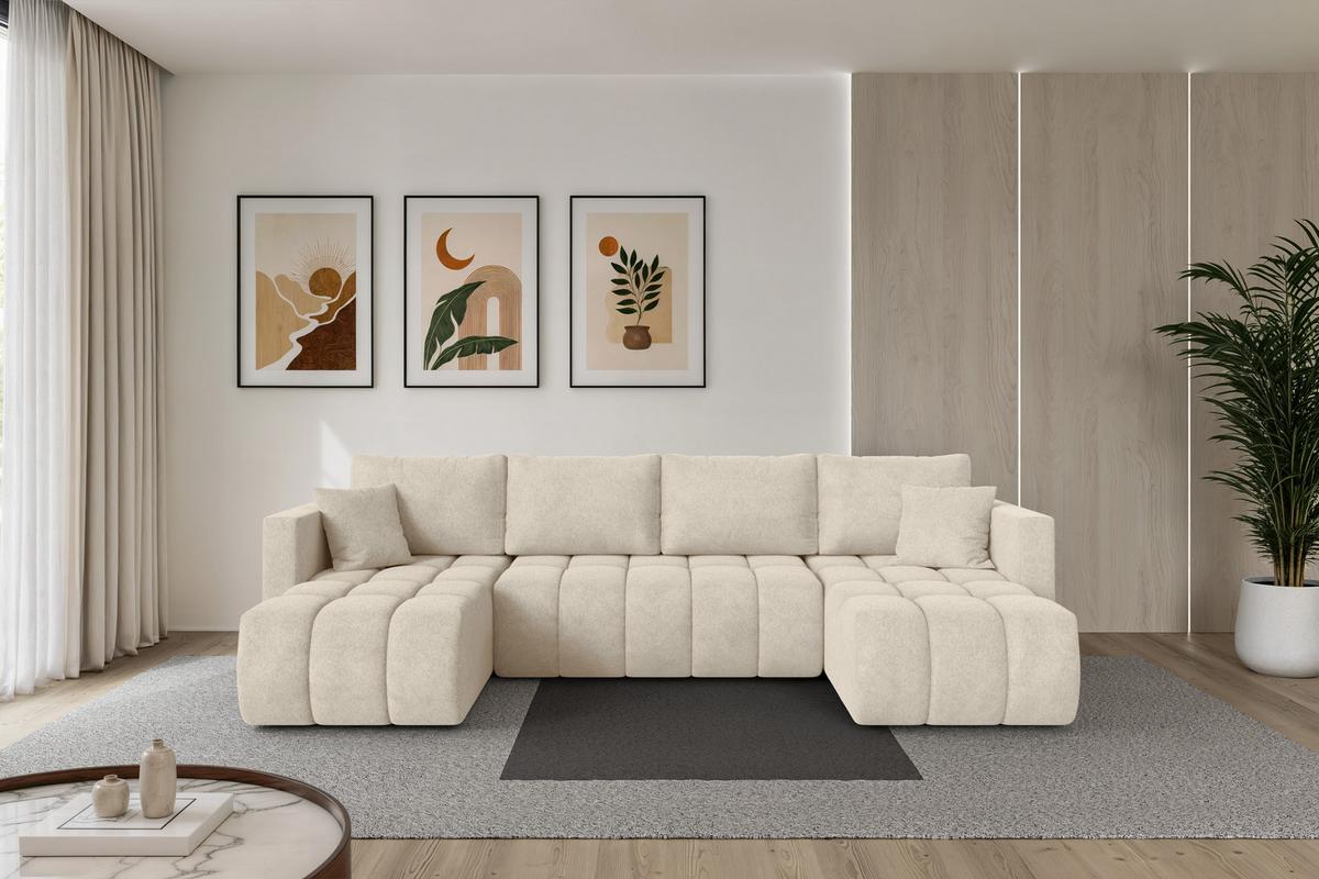 WOHNLANDSCHAFT mit Schlaffunktion und Bettkasten GARD-U 300x146x85 Creme Velours - Creme/Schwarz, Holzwerkstoff/Kunststoff (300/85/146cm) - ALTDECOR