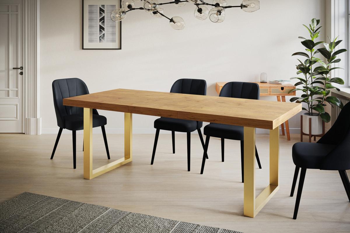 INDUSTRIELLER Esszimmertisch LOFT-U, ausziehbarer Tisch, Größe: 180-280X90X77 cm, Wohnzimmertisch Farbe: LANCELOT, mit Metallbeinen in Farbe Gold - Beige/Goldfarben, Holzwerkstoff (180/90/77cm) - Alpi-Möbel