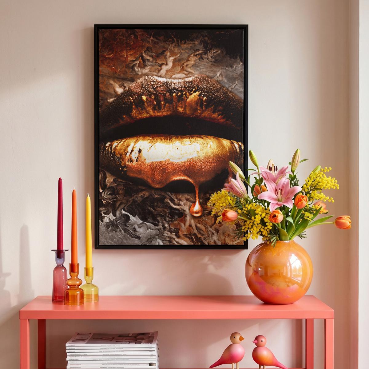 LEINWAND Bilder mit Rahmen - Gold - Lippen - Kunst - Gold - Luxus - Abstrakt - 40x60 - Kupferfarben, Textil (40/60cm) - MuchoWow