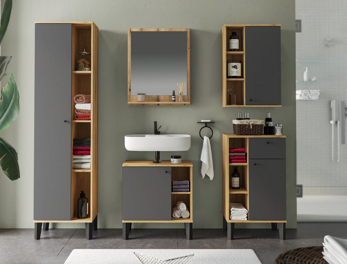 BADMÖBEL-SET 2-teilig grau, Evoke Eiche, Badkombination 60 cm - Eichefarben/Grau, Glas/Holzwerkstoff (60/190/33cm) - Furn.Design