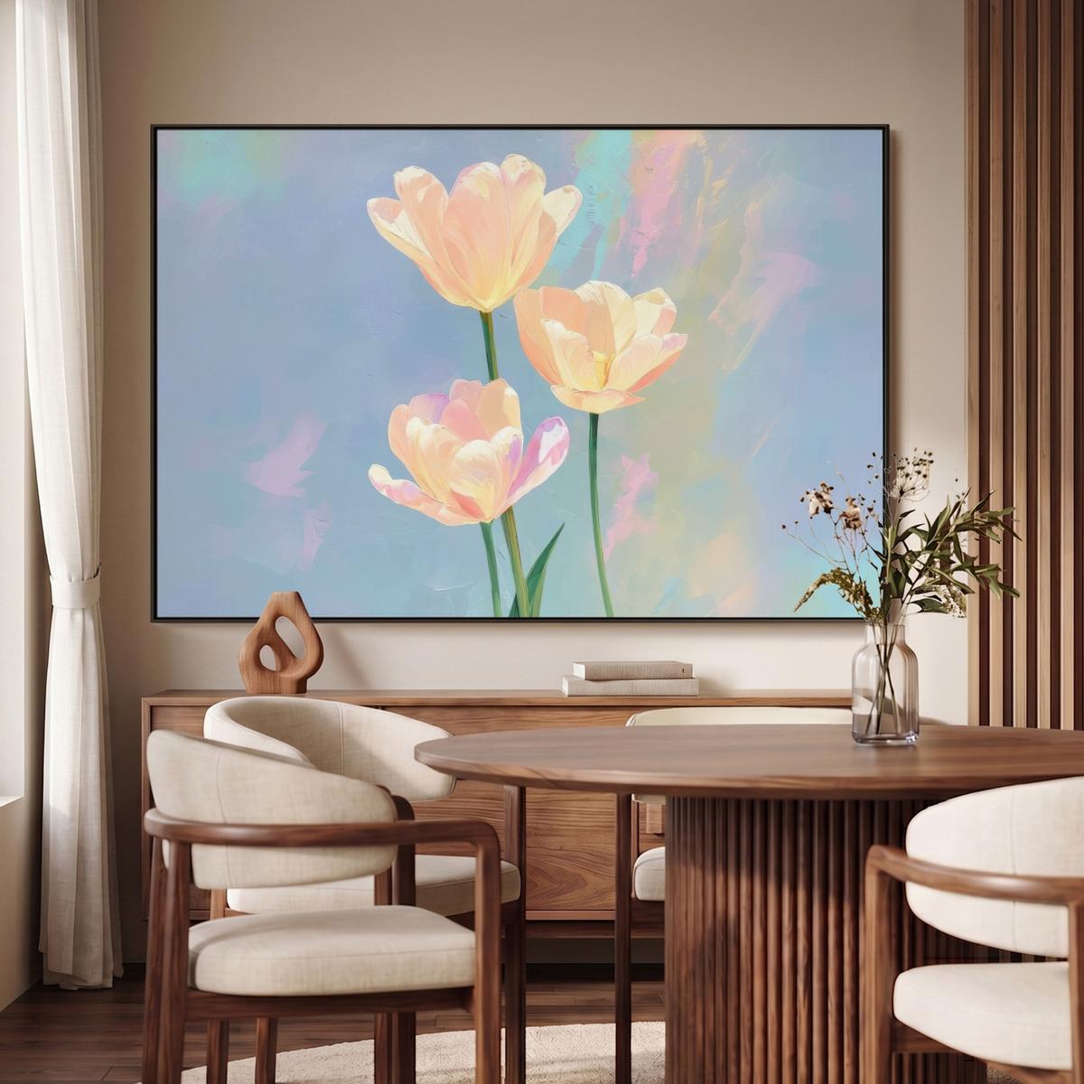 LEINWAND Bilder mit Rahmen - Tulpen - Rosa Akzente - Blau - 120x80 - Pastellblau, Textil (120/80cm) - MuchoWow