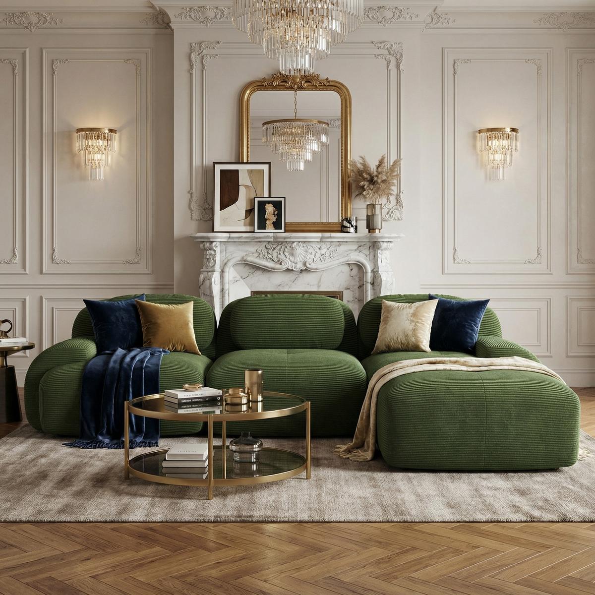 ECKSOFA 3-Sitzer in Premium-Cord Montagefrei & Rutschfest - Grün, Textil (298/178cm) - Urban Meuble