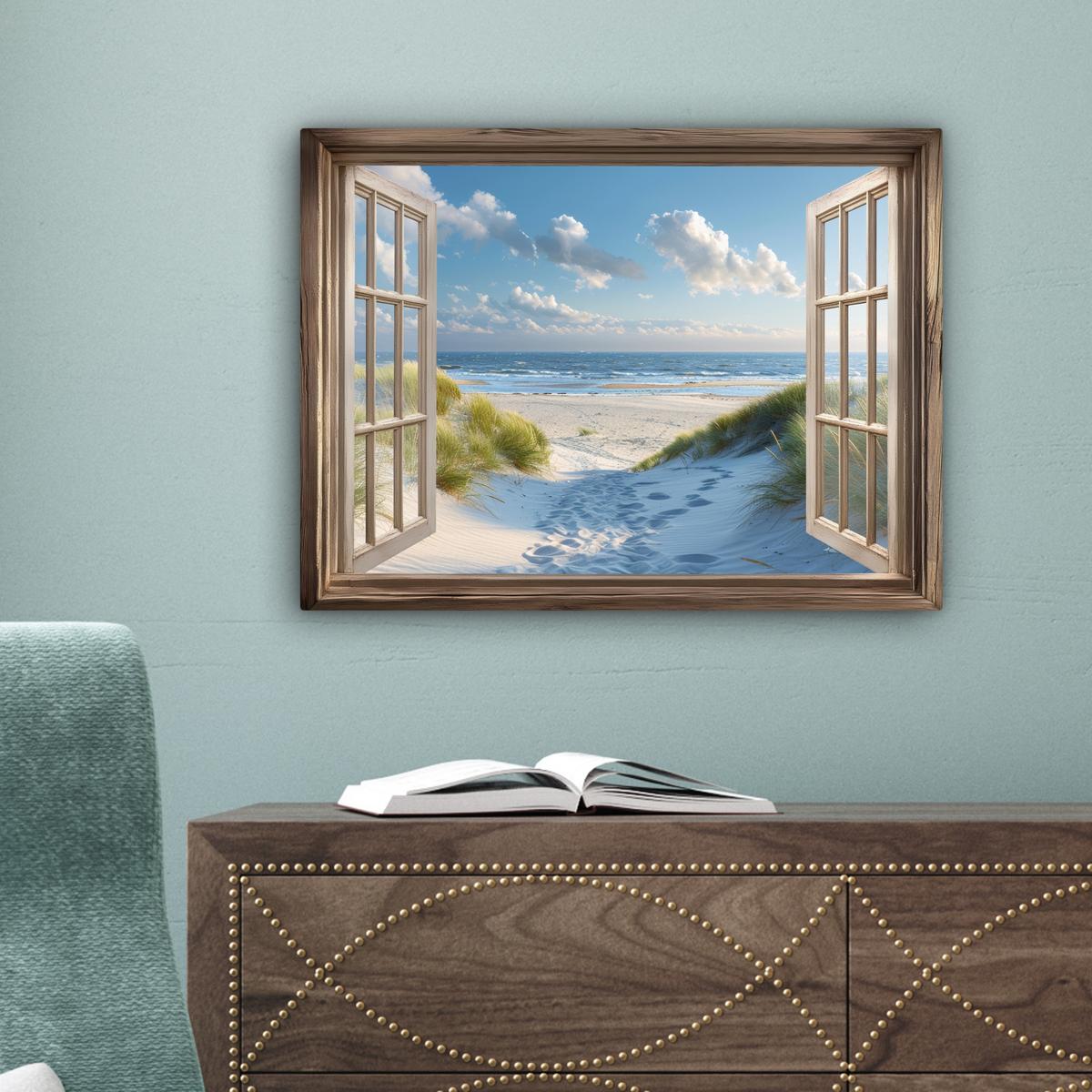 LEINWANDBILD Aussicht - Strand - Fenster - Dünen - Meer Wandbild 40x30 cm - Hellblau, Textil (40/30cm) - MuchoWow