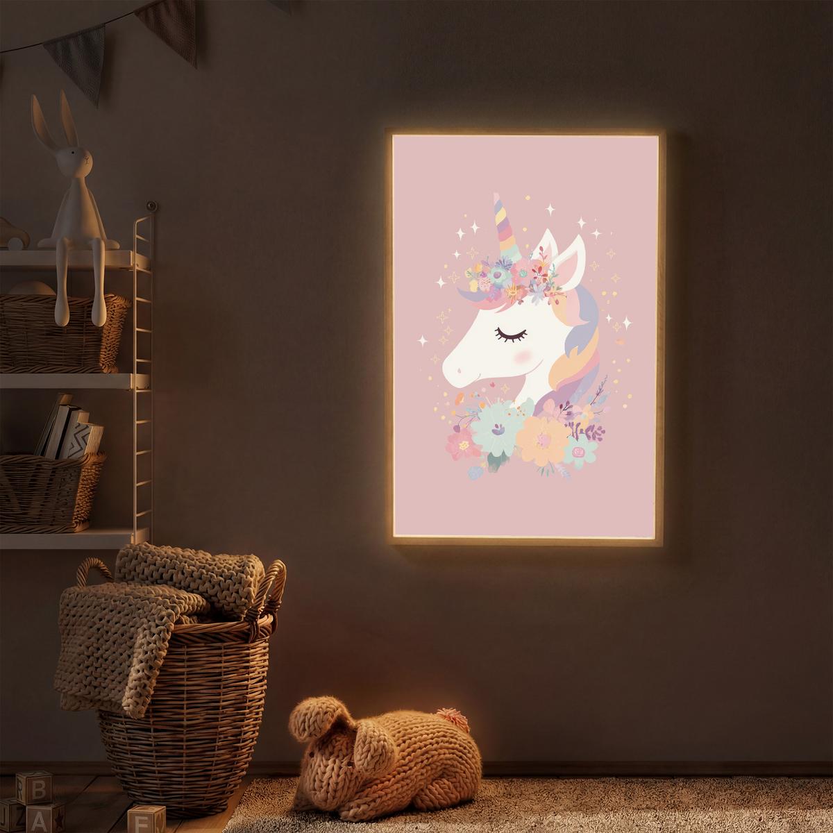 NACHTTISCHLAMPE MIT AKKU Einhorn - Rosa - Blumen 60x90 cm - Rosa, Holzwerkstoff (8/60/90cm) - OnlyWow