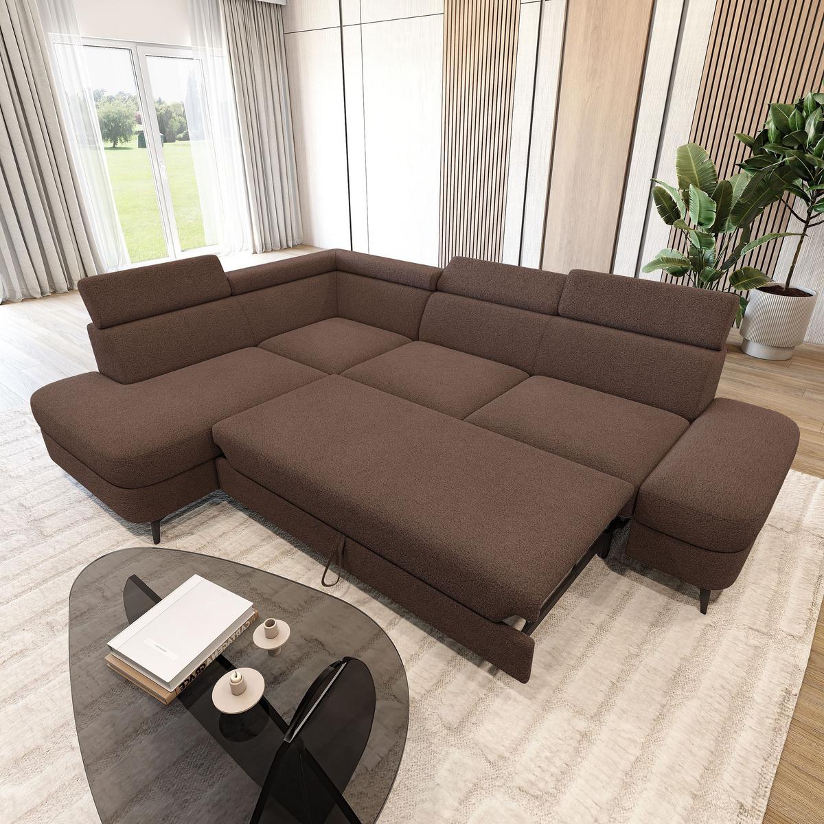 ECKSOFA AVISE Q L-S Braun Boucle-Stoff mit Schlaffunktion - Braun, Holzwerkstoff/Textil (268/195cm) - MASSENO