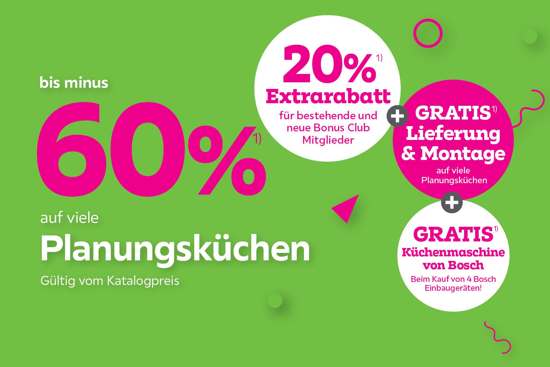 bis minus 60% auf viele Planungsküchen + 20% Extrarabatt + Gratis Lieferung & Montage