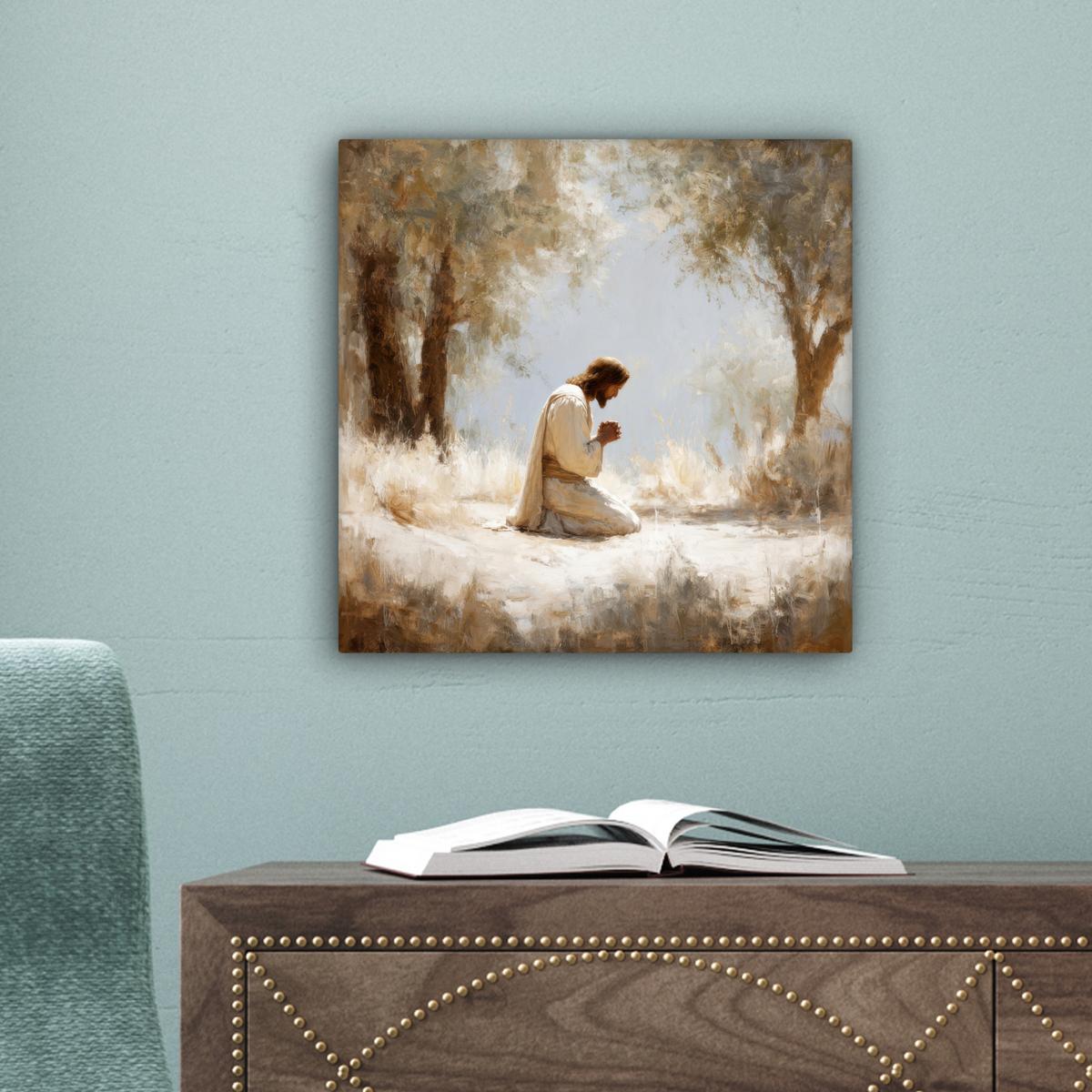 LEINWANDBILD Jesus - Kniend - Waldlandschaft - Betend Deko Wohnzimmer 20x20 cm - Beige/Hellblau, Textil (20/20cm) - MuchoWow